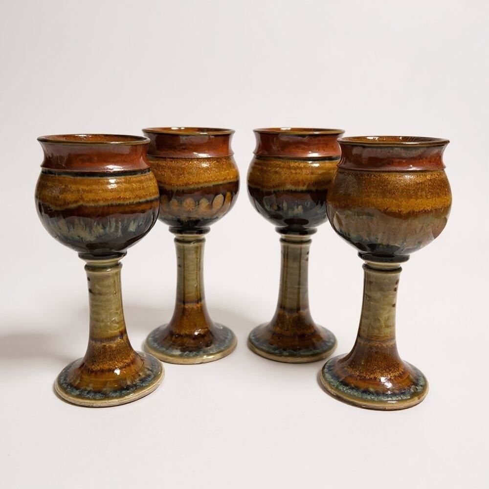 Studio Pottery Wine Goblets/Chalices (4) Hand Crafted Artist JT Brown Cream 7"